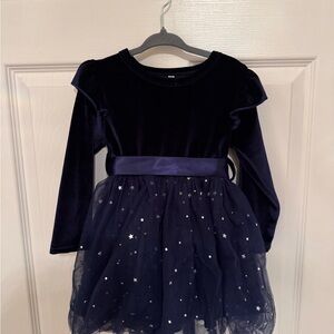 Navy Blue Velvet Dress with Starry Tulle Skirt